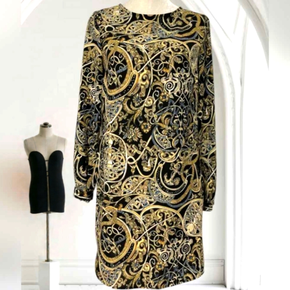 🟣US8⚓H&M Fall Black&Gold Cowl Neck Bishop Sleeve Dress